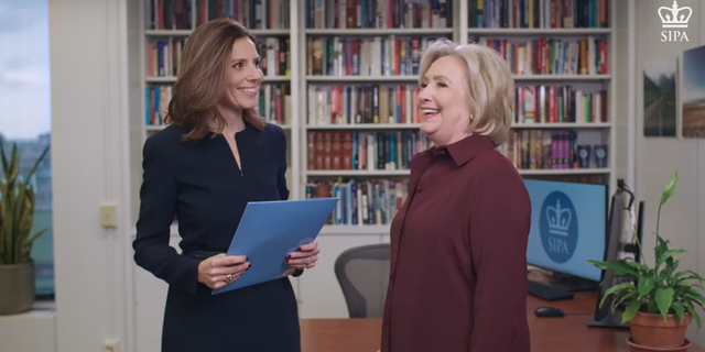 Hillary Clinton appearing in video announcing her new class at Columbia.