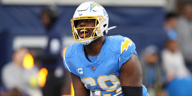 Sebastian Joseph-Day of the Los Angeles Chargers after a sack against the Los Angeles Rams at SoFi Stadium on January 1, 2023 in Inglewood, California.
