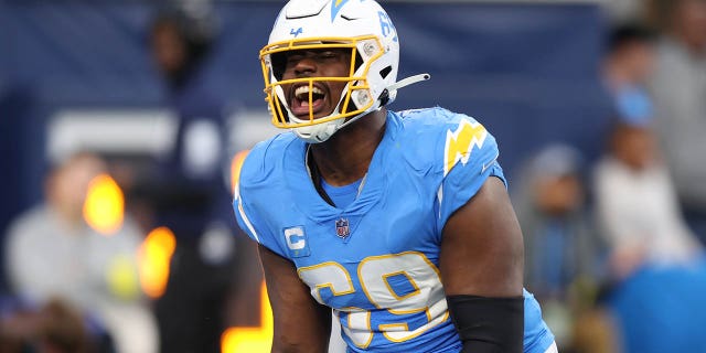 Sebastian Joseph-Day of the Los Angeles Chargers after a sack against the Los Angeles Rams at SoFi Stadium on Jan. 1, 2023, in Inglewood, California.