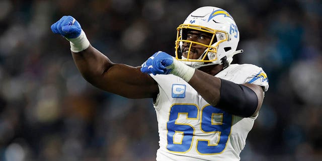 Los Angeles Chargers defensive tackle Sebastian Joseph-Day reacts after a play against the Jaguars on January 14, 2023 at TIAA Bank Field in Jacksonville, Florida.