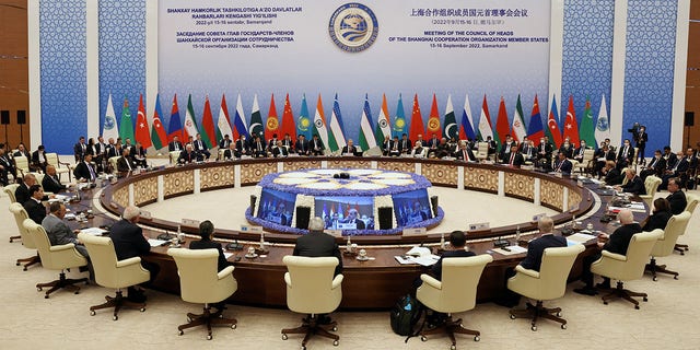 Participants of the Shanghai Cooperation Organization summit meet in Samarkand, Uzbekistan, Sept. 16, 2022.