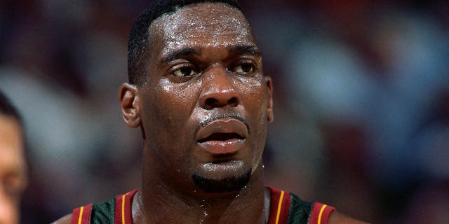 Shawn Kemp, #40 of the Seattle Supersonics, looks on during a game played at Arco Arena in Sacramento, California.