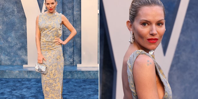 Sienna Miller kandis Vanity Fairi Oscari-peol kõrge kaelusega Fendi kleiti.