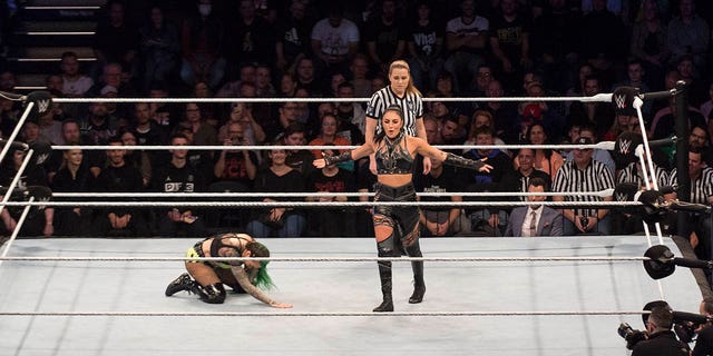 Sonya Deville competes in the ring against Shotzi during the WWE Live Show at Westfalenhalle on November 1, 2022 in Dortmund, Germany.