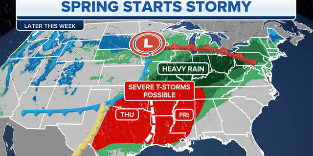 Fox weather map showing spring storms
