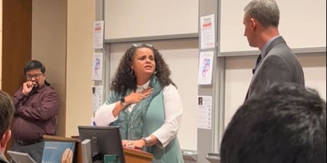 Tirien Steinbach, the Stanford University Law School associate dean of Diversity, Equity and Inclusion, criticizes U.S. Circuit Court Judge Kyle Duncan during his presentation at the school as an invited guest on March 9, 2023.