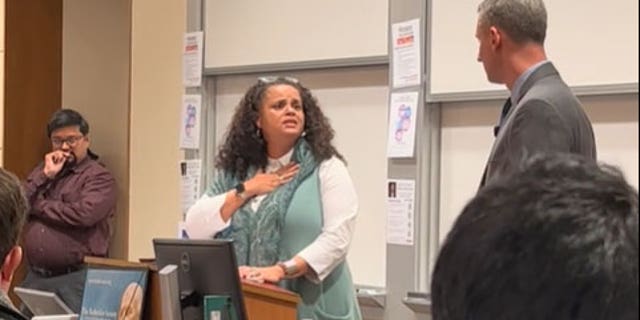 Tirien Steinbach, the Stanford University Law School associate dean of diversity, equity and inclusion, slams U.S. Circuit Court Judge Kyle Duncan during his presentation at the school as an invited guest on March 9, 2023.