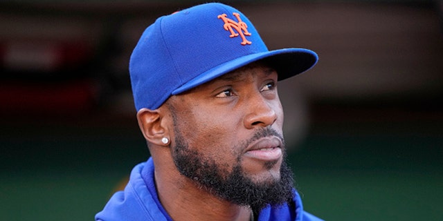Starling Marte #6 of the New York Mets looks on from the dugout prior to the start of the game against the Oakland Athletics at RingCentral Coliseum on September 23, 2022 in Oakland, California.