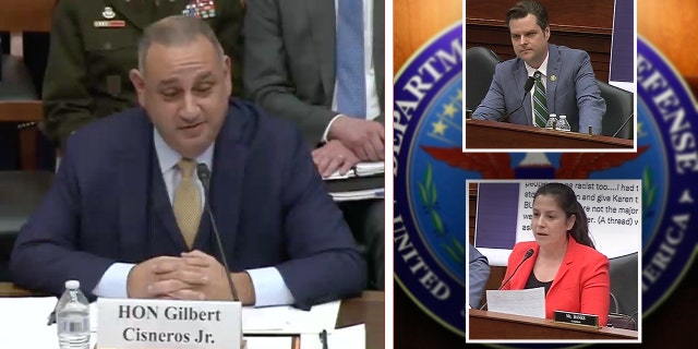 Reps. Stefanik and Gaetz question the Pentagon's Gil Cisneros, March 23.