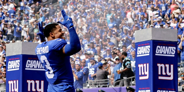 New York Giants number 3 Sterling Shepard is introduced before a game against the Carolina Panthers at MetLife Stadium on September 18, 2022 in East Rutherford, New Jersey.