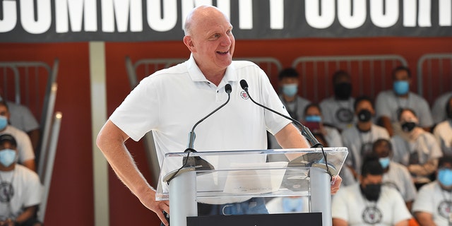 Owner Steve Ballmer of the LA Clippers speaks during the Los Angeles Clippers and City of Los Angeles celebration opening of 350th Clippers Community Court.
