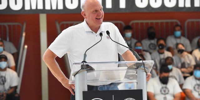 Owner Steve Ballmer of the LA Clippers speaks during the Los Angeles Clippers and City of Los Angeles celebration opening of 350th Clippers Community Court.