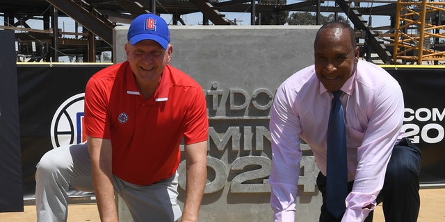 LA Clippers Chairman Steve Ballmer and Inglewood Mayor James T. Butts pose for a photo during the Intuit Dome Construction Milestone on July 21, 2022 at the Intuit Dome in Inglewood, California. 