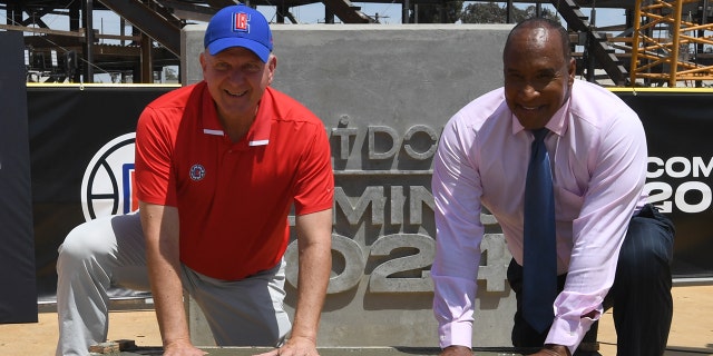 LA Clippers President Steve Ballmer and Inglewood Mayor James T. Butts pose for a photo during the Intuit Dome construction milestone on July 21, 2022 at the Intuit Dome in Inglewood, California. 