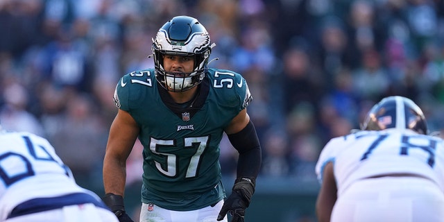 T.J. Edwards of the Eagles in action against the Tennessee Titans at Lincoln Financial Field on Dec. 4, 2022, in Philadelphia.