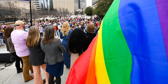 Drag entertainer DeeDee speaks during a news conference held by the Human Rights Campaign to draw attention to anti-drag bills in the Tennessee legislature, on Tuesday, Feb. 14, 2023 in Nashville, Tennessee.