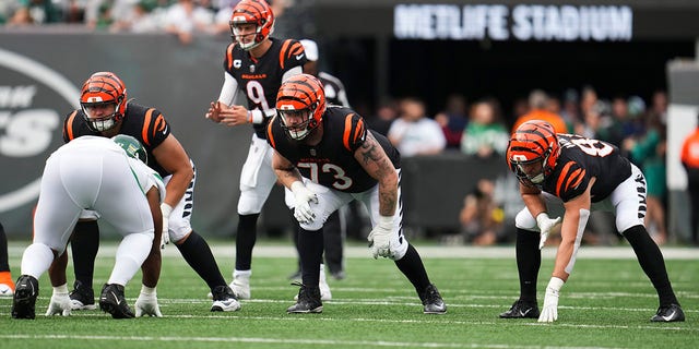 Jonah Williams, number 73 of the Cincinnati Bengals, takes on the New York Jets at MetLife Stadium on September 25, 2022 in East Rutherford, New Jersey.