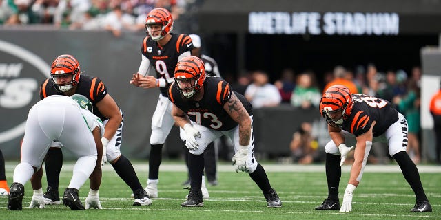 Jonah Williams, #73 of the Cincinnati Bengals, gets set against the New York Jets at MetLife Stadium on September 25, 2022, in East Rutherford, New Jersey.