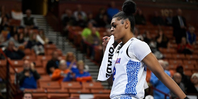 Tatyana Wyche #2 of the Florida Gators walks off the court after being ejected from the game along with several other Florida Gators and Kentucky Wildcats players in the second quarter during the first round of the SEC Women's Basketball Tournament at Bon Secours Wellness Arena on March 01, 2023 in Greenville, South Carolina.
