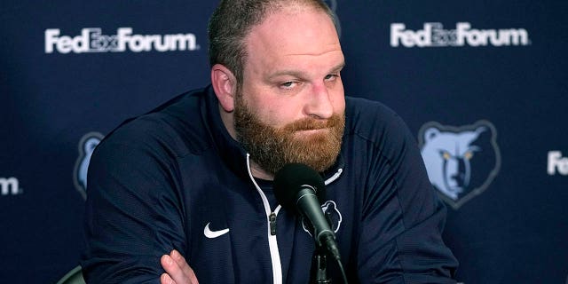 Memphis Grizzlies head coach Taylor Jenkins listens to a question about Ja Morant during a news conference before an NBA basketball game against the Los Angeles Clippers, Sunday, March 5, 2023, in Los Angeles.