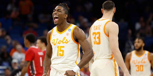 Jahmai Mashack #15 of the Tennessee Volunteers reacts during the second half of the first round of the NCAA Men's Basketball Tournament against the Louisiana Lafayette Ragin Cajuns at the Amway Center on March 16, 2023 in Orlando, Florida. 