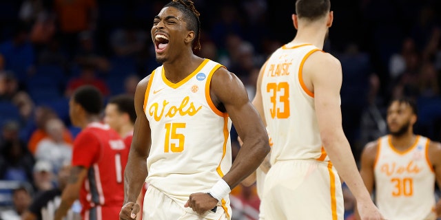 Jahmai Mashack #15 of the Tennessee Volunteers reacts during the second half in the first round of the NCAA Men's Basketball Tournament against the Louisiana Lafayette Ragin Cajuns at Amway Center on March 16, 2023 in Orlando, Florida. 