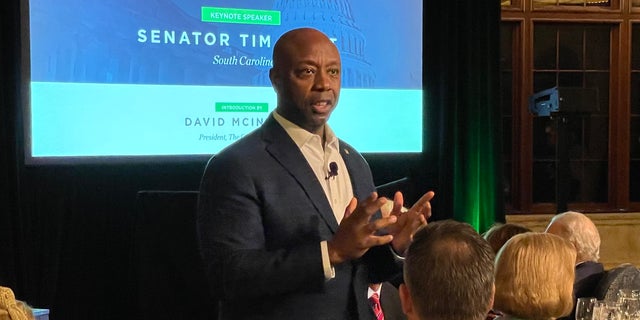 Republican Sen. Tim Scott of South Carolina speaks at a donor conference hosted by the conservative Club for Growth March 4, 2023, in Palm Beach, Fla.