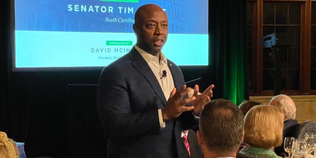 Republican Sen. Tim Scott of South Carolina speaks at a donor conference hosted by the conservative Club for Growth March 4, 2023, in Palm Beach, Fla.