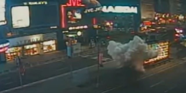 Surveillance footage from the FBI showing the moment the bomb went off in Times Square in New York City in March 2008.
