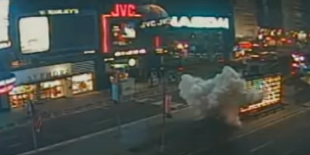 Surveillance footage from the FBI showing the moment the bomb went off in Times Square in New York City in March 2008.