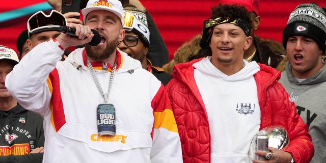 Travis Kelce and Patrick Mahomes of the Chiefs celebrate during the Super Bowl LVII victory parade on February 15, 2023 in Kansas City, Missouri.