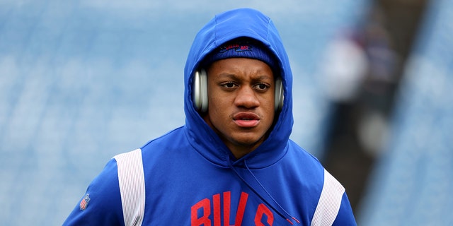 Tremaine Edmunds of the Buffalo Bills warms up prior to a game against the Miami Dolphins in the AFC wild-card game at Highmark Stadium on Jan. 15, 2023, in Orchard Park, New York.