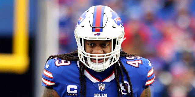 Tremaine Edmunds of the Buffalo Bills lines up against the New England Patriots at Highmark Stadium on Jan. 8, 2023, in Orchard Park, New York.