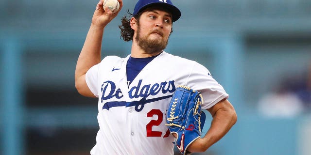 Trevor Bauer, #27 of the Los Angeles Dodgers, pitches in the first inning against the San Francisco Giants at Dodger Stadium on June 28, 2021 in Los Angeles.