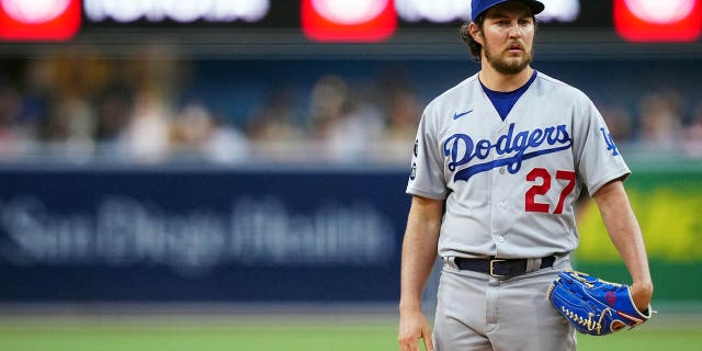 Trevor Bauer, #27 of the Los Angeles Dodgers, pauses between pitches during the game between the Los Angeles Dodgers and the San Diego Padres at Petco Park on Wednesday, June 23, 2021 in San Diego.
