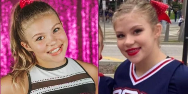 Two photos of Tristyn Bailey, a competitive cheerleader, who was stabbed to death by a classmate May 9, 2021.