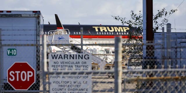 Former US President Donald Trump's private jet at Palm Beach International Airport after Trump is indicted in Palm Beach, Florida, US, on Friday, March 31, 2023. Trump became the first former US president to be indicted Thursday before a grand jury in Manhattan He determined there was sufficient evidence to proceed with a case against him for directing payments to a porn star during his 2016 campaign. 