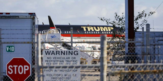 Former US President Donald Trump's private airplane at Palm Beach International Airport after the indictment of Trump in Palm Beach, Florida, US, on Friday, March 31, 2023. Trump became the first former US president to be indicted on Thursday when a Manhattan grand jury determined there was enough evidence to proceed with a case against him for directing hush money payments to a porn star during his 2016 campaign. 