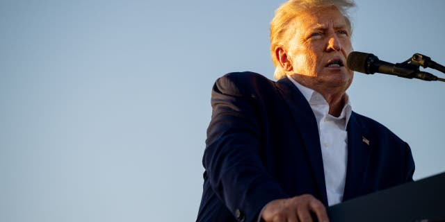 Former U.S. President Donald Trump speaks during a rally at the Waco Regional Airport 