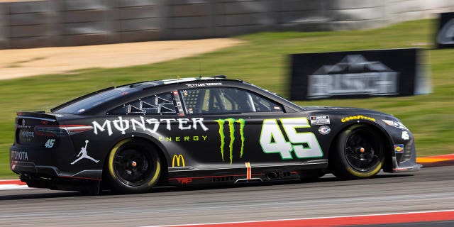 Tyler Reddick steers through Turn 15 during a NASCAR Cup Series auto race at Circuit of the Americas, Sunday, March 26, 2023, in Austin, Texas.