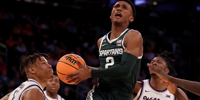 Tyson Walker #2 of the Michigan State Spartans shoots the ball against the Kansas State Wildcats during the first half in the Sweet 16 round game of the NCAA Men's Basketball Tournament at Madison Square Garden on March 23, 2022 in New York City.