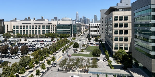 An aerial view of the University of the California San Francisco (UCSF) campus in Mission Bay, San Francisco, with the Salesforce Tower visible in the background May 17, 2022.