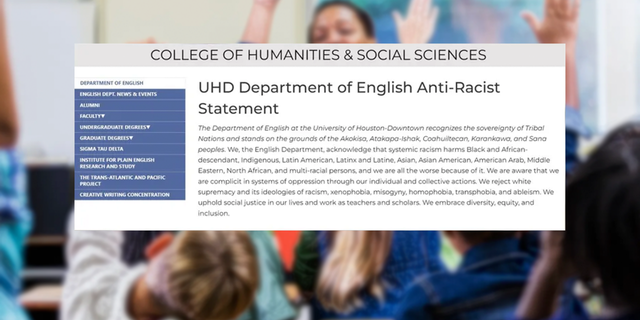 A photograph of the "UHD Department of English Anti-Racist Statement" which has since been removed from the university website. 