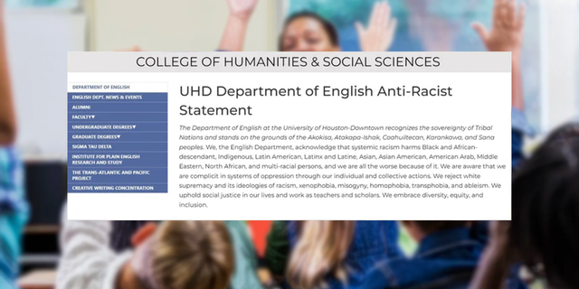 A photograph of the "UHD Department of English Anti-Racist Statement" which has since been removed from the university website.