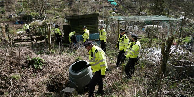 Police officers work on an urgent search operation to find the missing baby of Constance Marten, who has not received medical attention since birth in early January, at Roedale Valley Allotments, Brighton, 28 February 2023. 