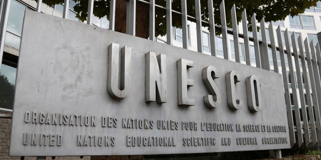 A picture taken on Oct. 12, 2017, shows the logo of the United Nations Educational, Scientific and Cultural Organisation (UNESCO) headquarters in Paris. 