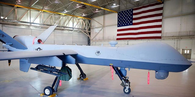 An MQ-9 Reaper unmanned aerial vehicle is parked in a hangar at Creech Air Force Base November 17, 2015 in Indian Springs, Nevada. 