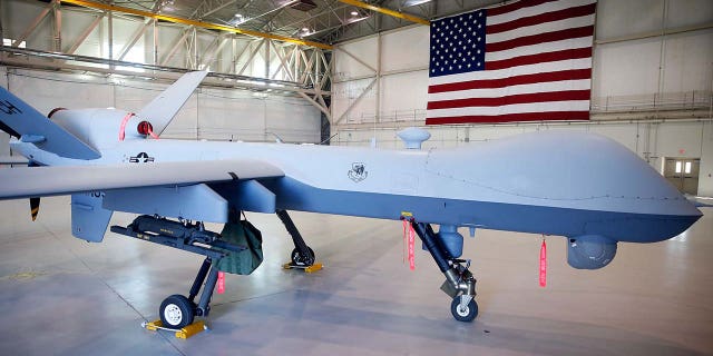 An MQ-9 Reaper remotely piloted aircraft is parked in a hanger at Creech Air Force Base on Nov. 17, 2015 in Indian Springs, Nevada.