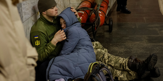 People take shelter inside a subway station during a Russian missile attack in Kiev, Ukraine on Thursday, March 9.