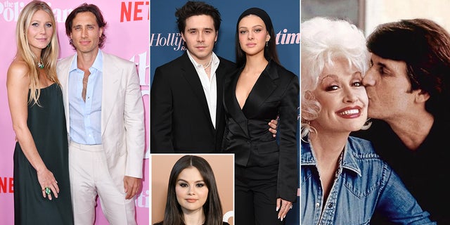 Selena Gomez, inset middle, joked about being in a "throuple" with Brooklyn Beckham and Nicola Peltz in January. Other celebrities have openly discussed their unconventional pairings.